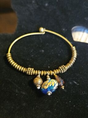 Brass Beaded Bali Beads Bangle Bracelet with Chec Blue Floral Glass Charm